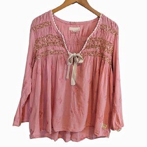 Odd Molly Dusty Rose Embroidered Peasant Blouse with Ribbon Tie